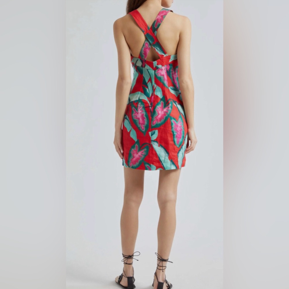 Farm Rio Summer Foliage Linen Mini Dress XS Button Front Tropical Crossback Red - Picture 4 of 12